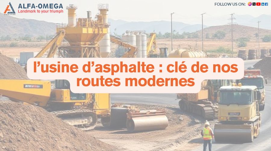 Travaux routiers près d’une usine d’asphalte avec engins de chantier et installation industrielle.