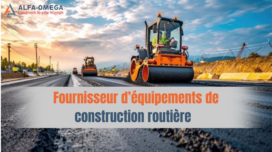 Engins de chantier posant de l’asphalte sur une route en construction, illustrant le rôle clé d’un fournisseur d’équipements de construction routière.