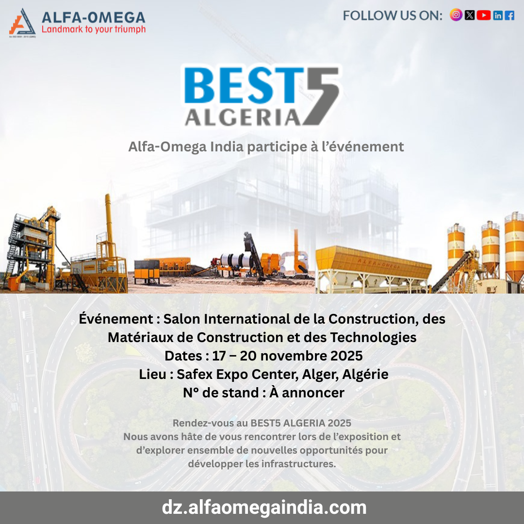 Affiche promotionnelle d’Alfa-Omega India annonçant sa participation au salon BEST5 ALGERIA 2025 à Alger, présentant des centrales à béton, centrales d’enrobage et équipements de construction routière.