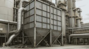 Industrial electrostatic precipitator unit connected to large ducts and filtration system in a heavy manufacturing plant for air pollution control.